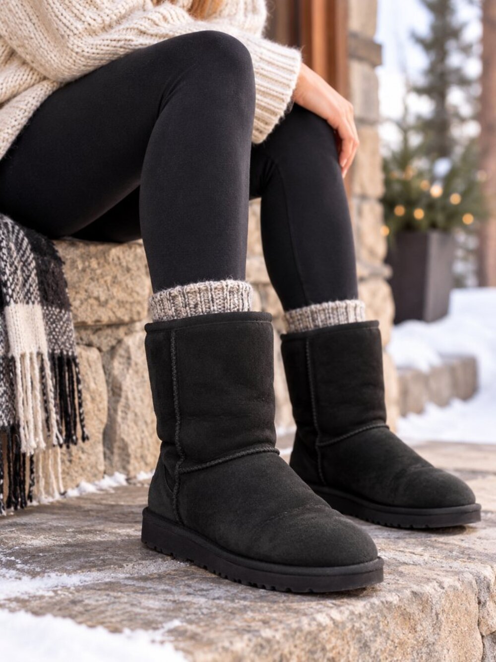 UGG Womens 8 Classic Short Black Suede Sheepskin Shearling Boots Y2K Winter